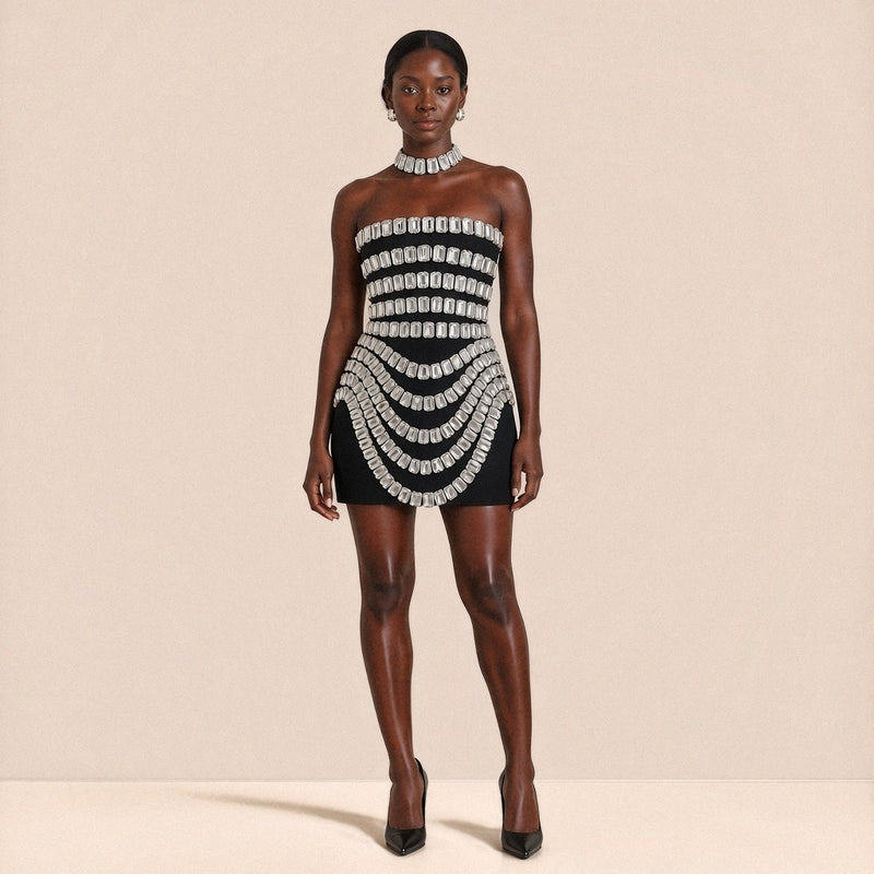 Mini robe bandage noire bustier ornée de cristaux SAKIWE, vue de face