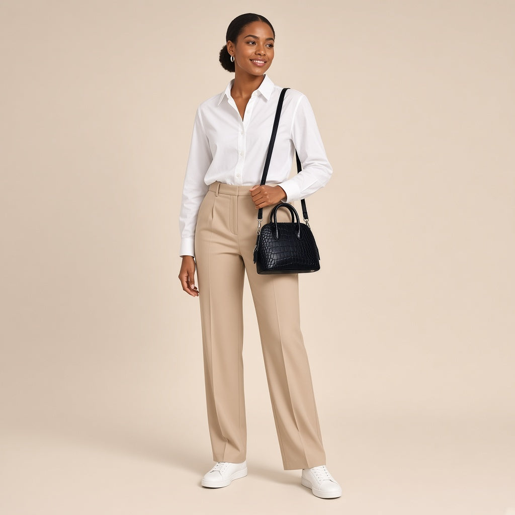Femme portant le mini sac bowling noir à l’épaule avec la bandoulière amovible