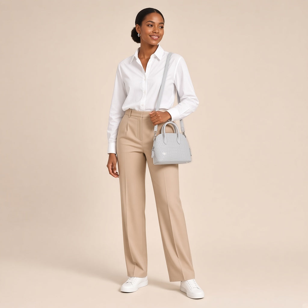 Femme portant le mini sac bowling blanc glacier à l’épaule avec la bandoulière amovible
