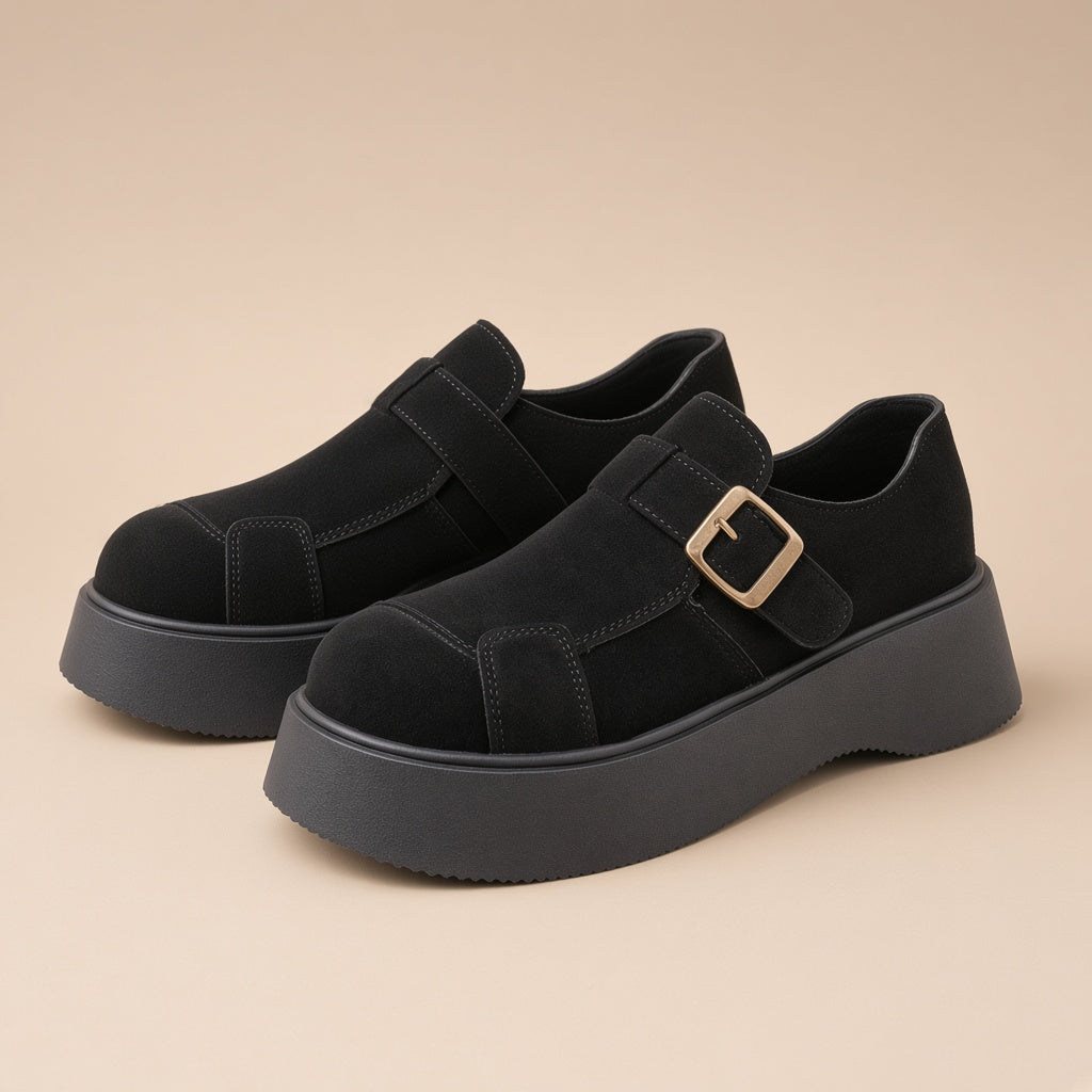 Mocassins plateforme aspect daim SAKIWE noir : la paire sur fond beige