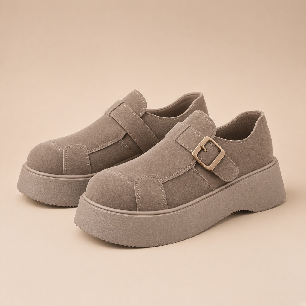 Mocassins plateforme aspect daim SAKIWE taupe : la paire sur fond beige