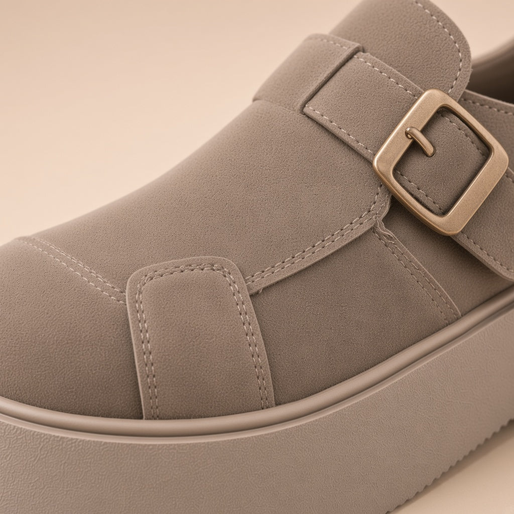 Mocassins plateforme aspect daim SAKIWE taupe : détail de la boucle dorée et des surpiqûres