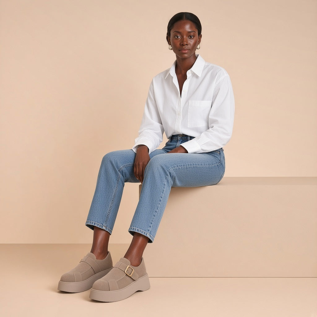 Mocassins plateforme aspect daim SAKIWE taupe portés avec un jean, femme assise