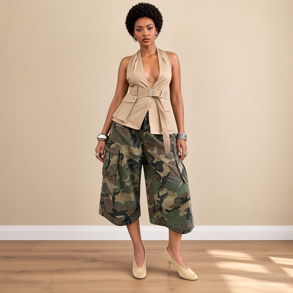 Pantalon cargo large camouflage mi-mollet, vue de face – SAKIWÉ