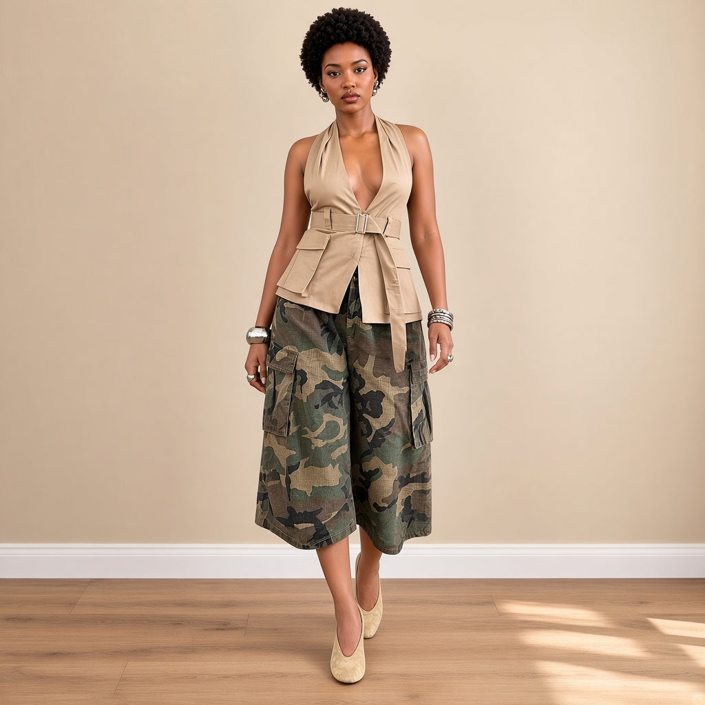 Pantalon cargo large camouflage mi-mollet, porté en marchant – SAKIWÉ