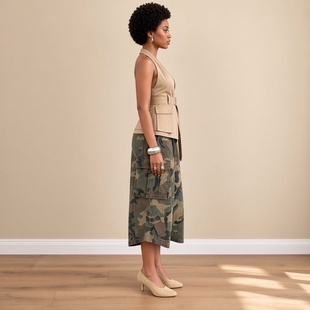 Pantalon cargo large camouflage mi-mollet, vue de profil – SAKIWÉ