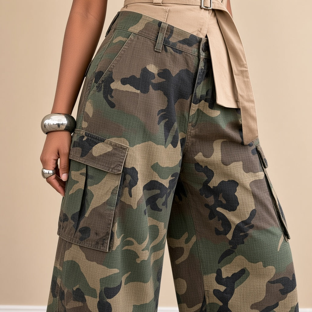 Pantalon cargo large camouflage mi-mollet, détail des poches cargo – SAKIWÉ