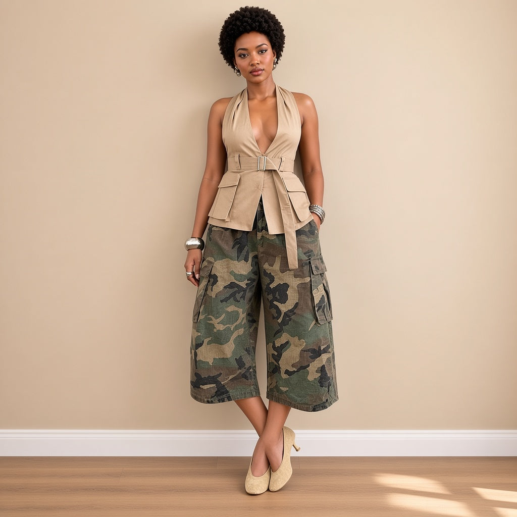 Pantalon cargo large camouflage mi-mollet, porté appuyée au mur – SAKIWÉ