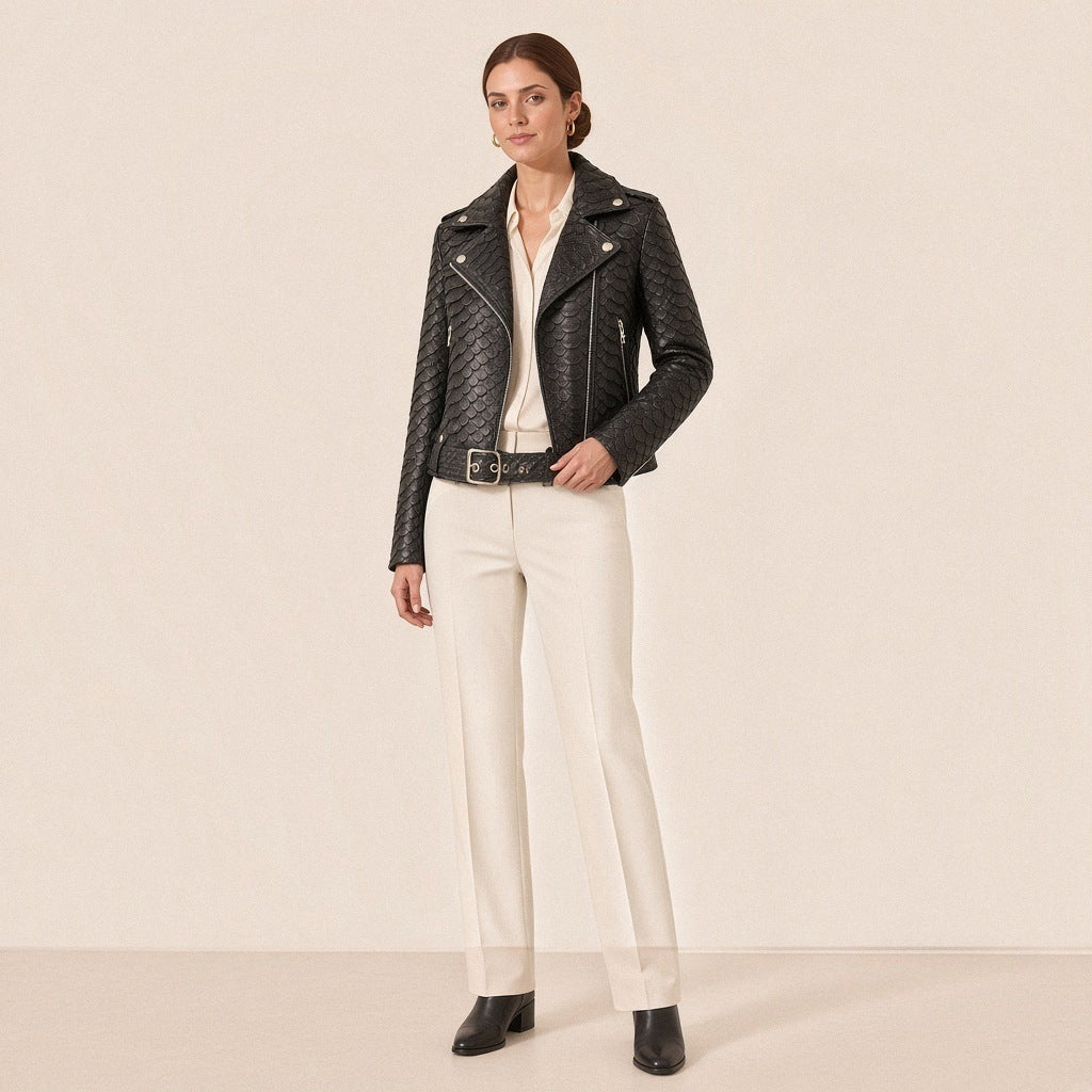 Perfecto en similicuir noir effet python SAKIWE porté de face avec ceinture