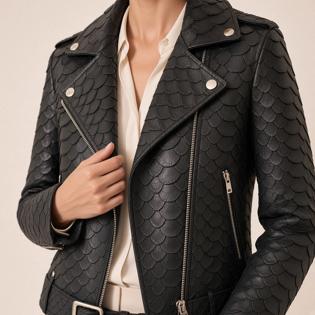 Perfecto en similicuir noir effet python SAKIWE : revers à pressions et zip asymétrique