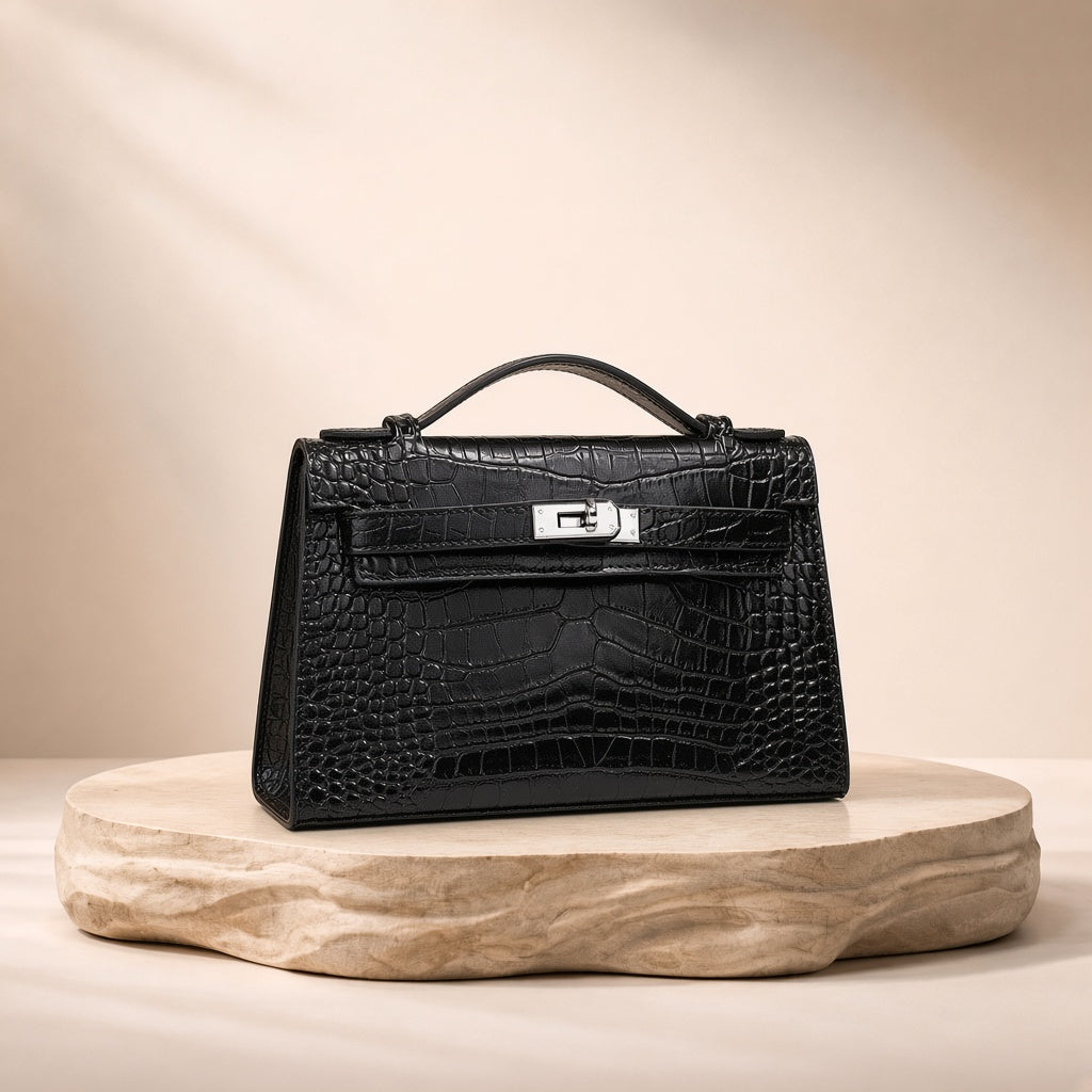 Pochette en cuir effet croco SAKIWE noir, posée sur un socle en pierre