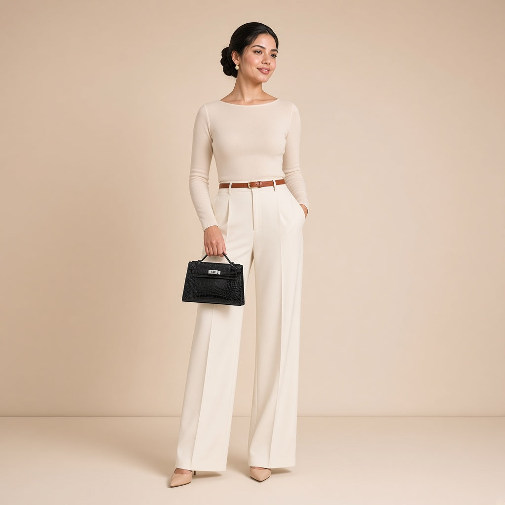 Pochette en cuir effet croco SAKIWE noir, portée par une mannequin, tenue à la main par l’anse