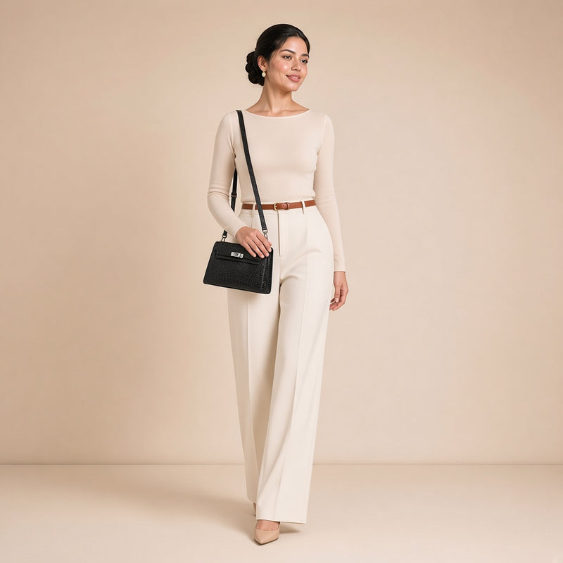 Pochette en cuir effet croco SAKIWE noir, portée par une mannequin, en bandoulière avec la sangle en cuir