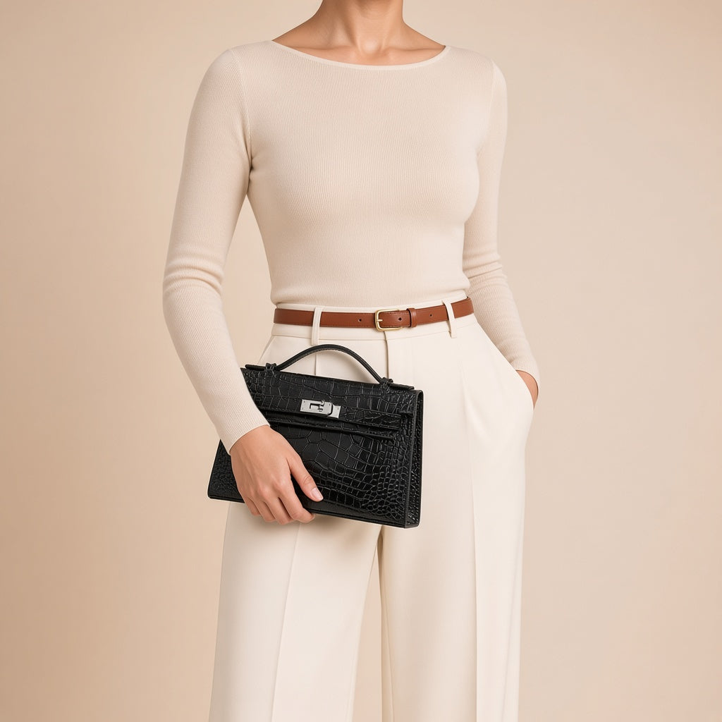 Pochette en cuir effet croco SAKIWE noir, détail porté, glissée sous le bras