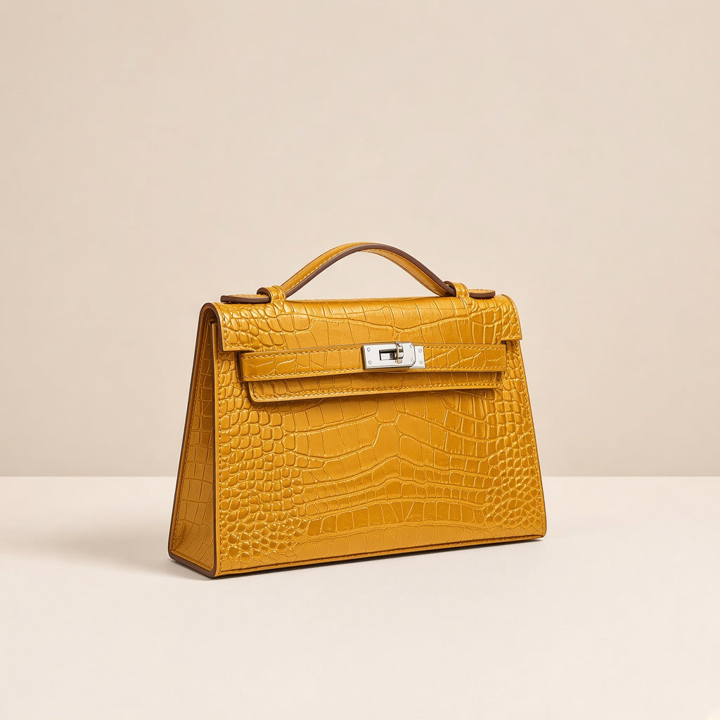 Pochette en cuir effet croco SAKIWE jaune moutarde, seule, vue de trois-quarts