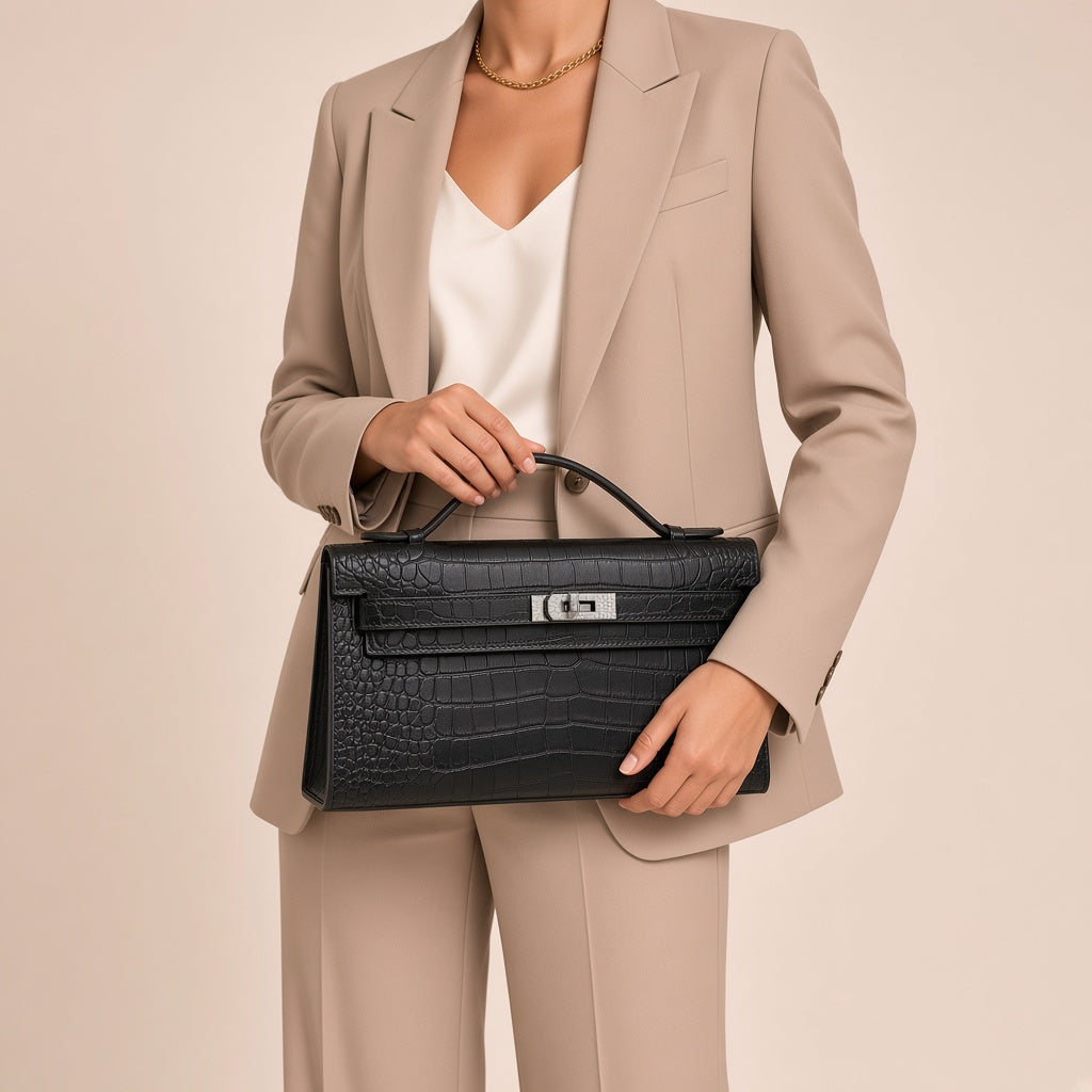 Gros plan sur la pochette en cuir croco mat SAKIWE noir et son fermoir serti de strass