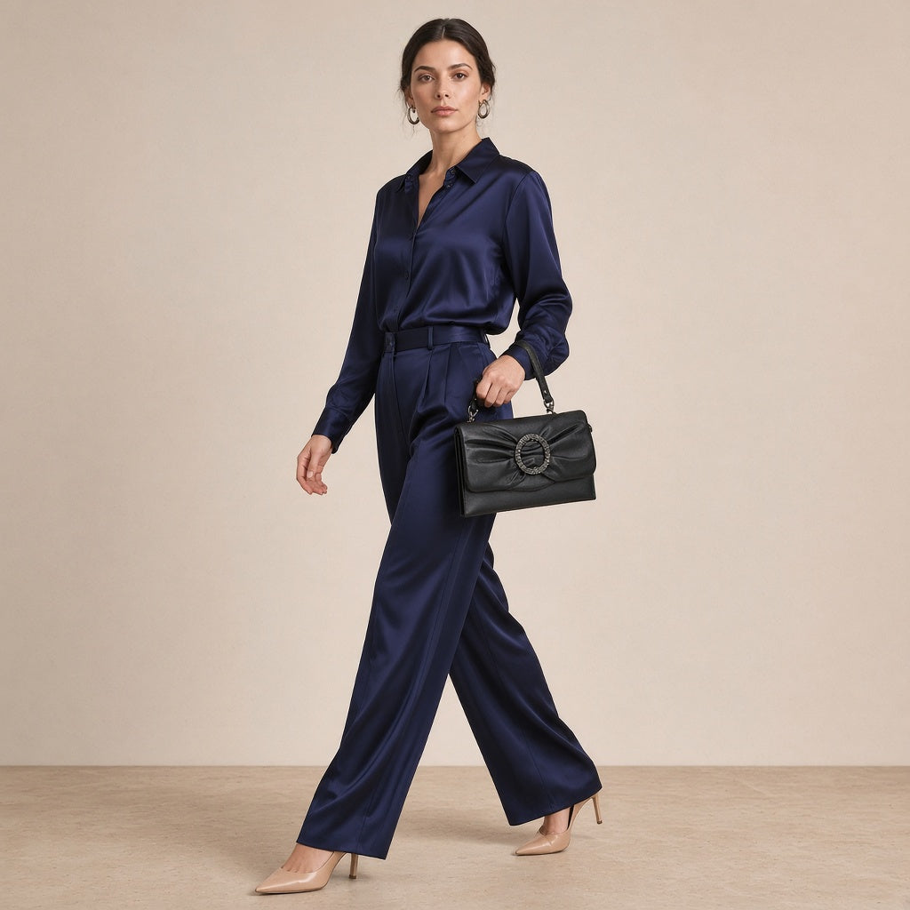 Pochette froncée en cuir SAKIWE noir portée au poignet avec la dragonne