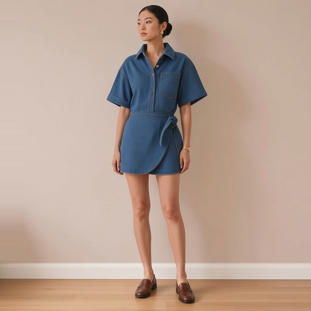 Robe chemise courte en jean bleu à jupe portefeuille, vue de face – SAKIWÉ