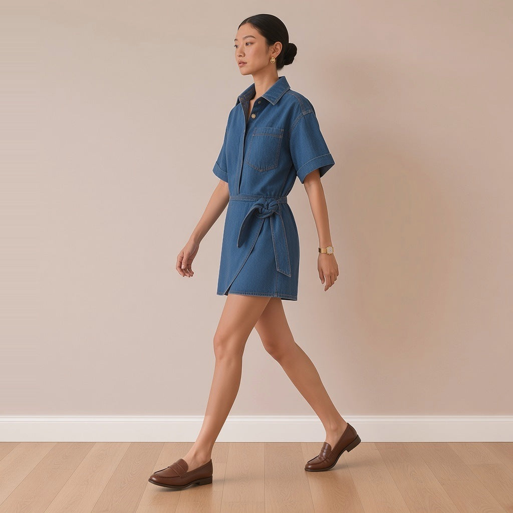 Robe courte en jean bleu portée en marchant – SAKIWÉ