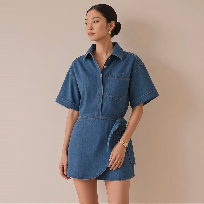 Robe chemise en jean bleu, plan mi-cuisse – SAKIWÉ