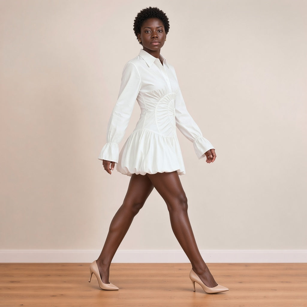 Robe chemise courte à taille froncée en spirale et jupe boule, blanc, en marchant – SAKIWÉ