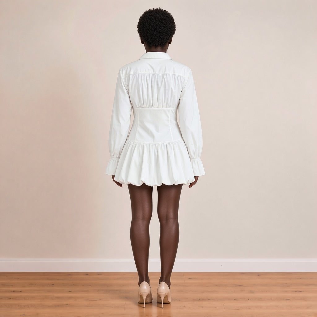 Robe chemise courte à taille froncée en spirale et jupe boule, blanc, vue de dos – SAKIWÉ