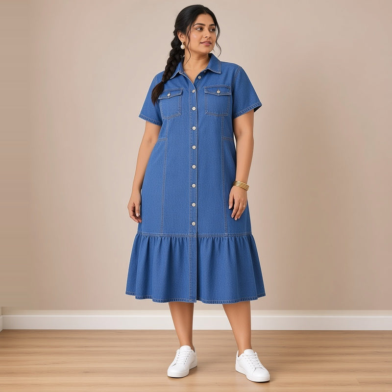 Robe chemise en jean bleu à volant, vue de face en pied – SAKIWÉ