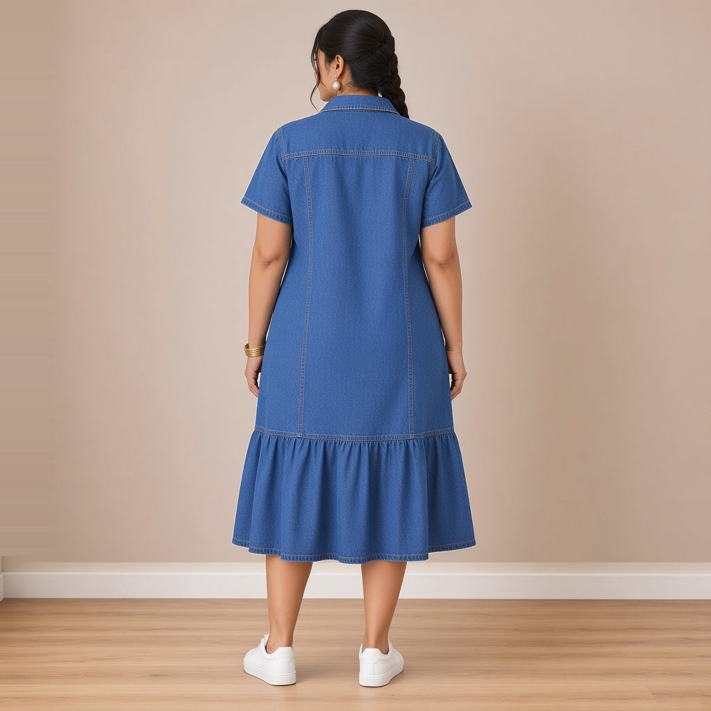 Robe chemise en jean bleu, vue de dos – SAKIWÉ