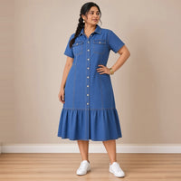 Robe en jean bleu à manches courtes, de trois quarts – SAKIWÉ