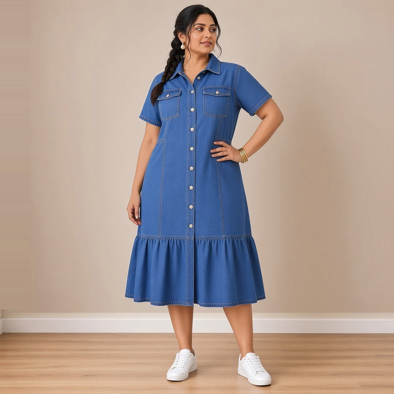Robe en jean bleu à manches courtes, de trois quarts – SAKIWÉ