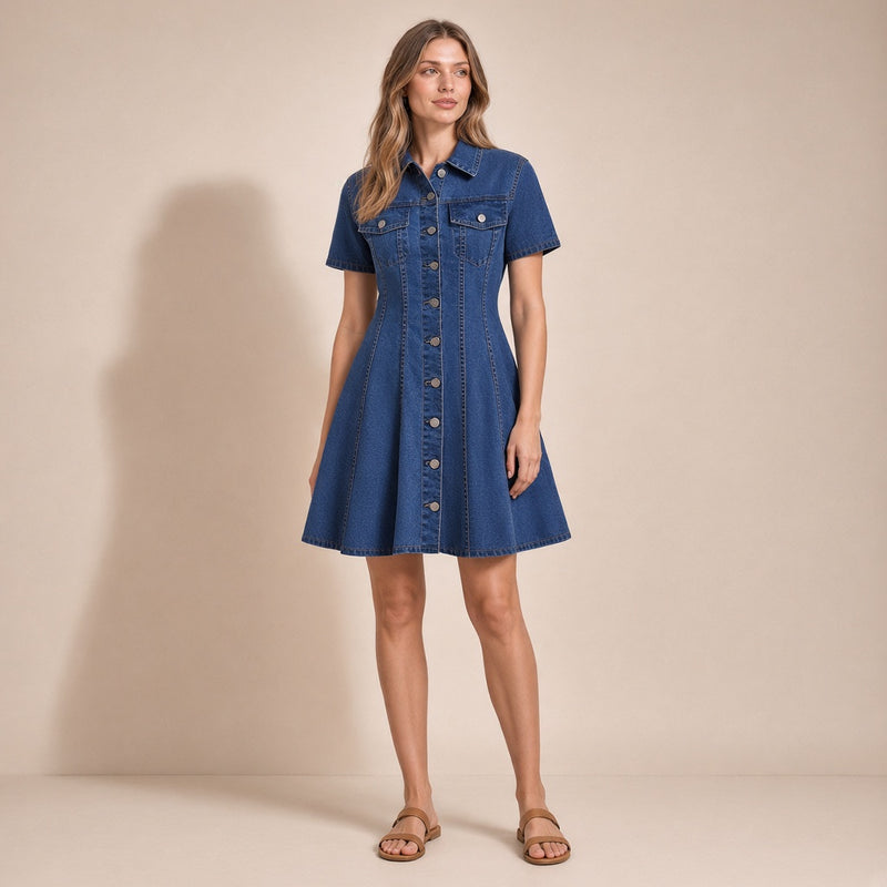 Femme portant la robe chemise courte en jean bleu foncé, vue de face en pied