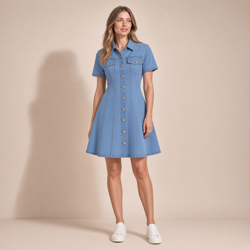 Femme portant la robe chemise courte en jean bleu clair, vue de face en pied