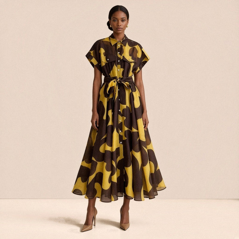 Robe chemise midi imprimée SAKIWE jaune et marron portée, de face