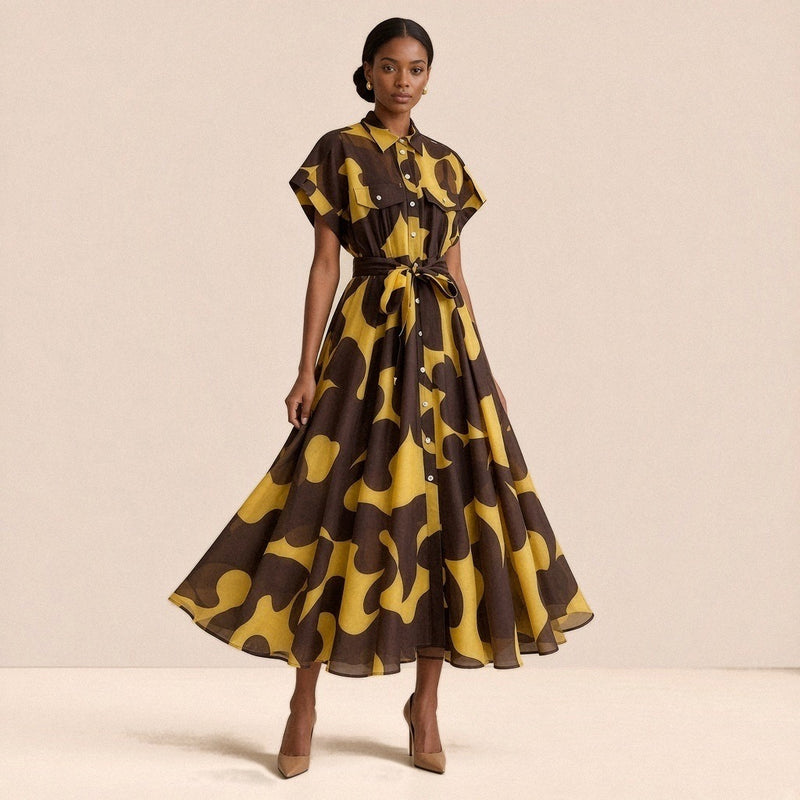 Robe chemise midi imprimée SAKIWE jaune et marron portée, de trois quarts