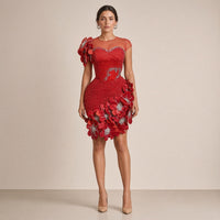Robe de cocktail courte rouge perlée à fleurs 3D et manches en tulle, vue de face – SAKIWE