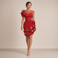Robe de cocktail courte rouge perlée à fleurs 3D et manches en tulle, en marchant – SAKIWE