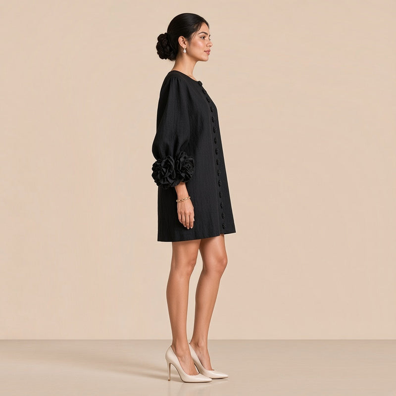 Robe courte coton et lin à fleurs 3D, noir, de profil