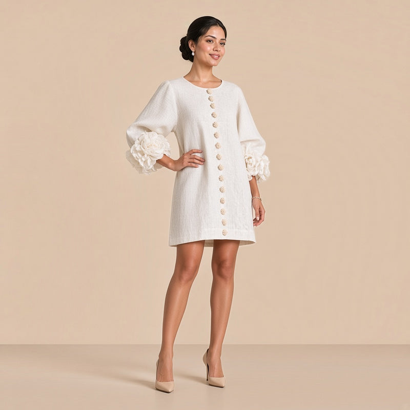 Robe courte coton et lin à fleurs 3D, blanc cassé, de trois quarts, main sur la hanche