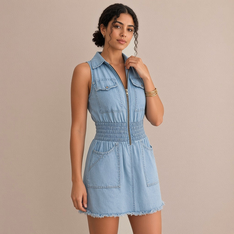 Robe en jean bleu clair zippée, plan buste – SAKIWÉ