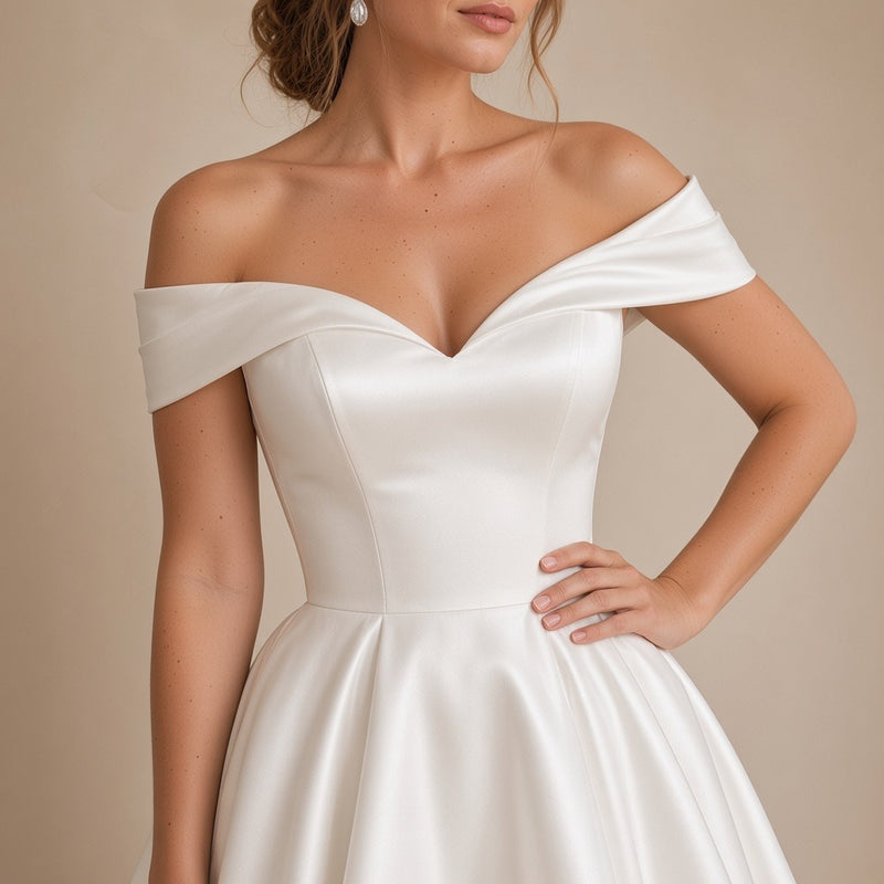 Robe de mariée asymétrique en satin à épaules dénudées, blanc, détail du bustier – SAKIWÉ