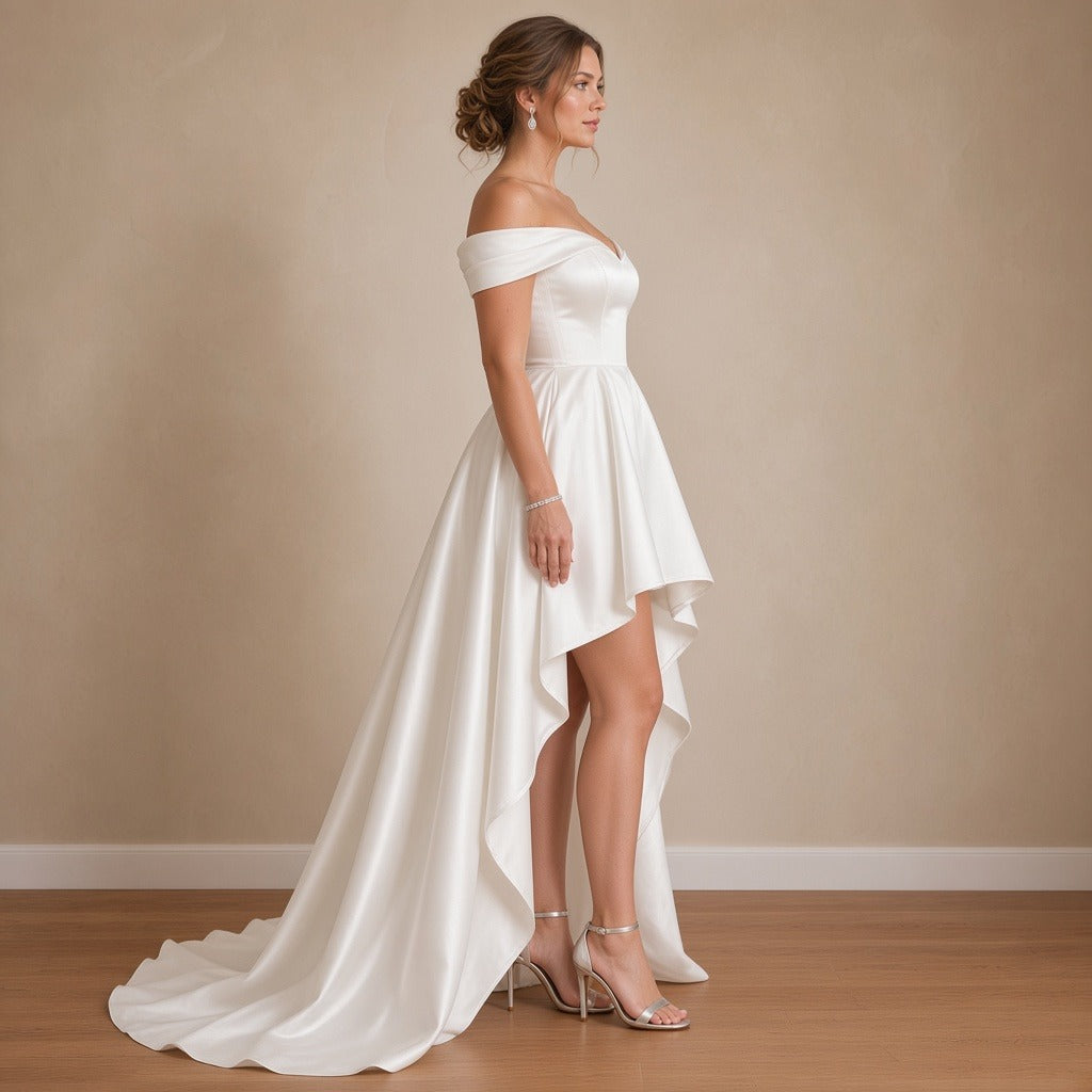 Robe de mariée asymétrique en satin à épaules dénudées, blanc, vue de profil – SAKIWÉ