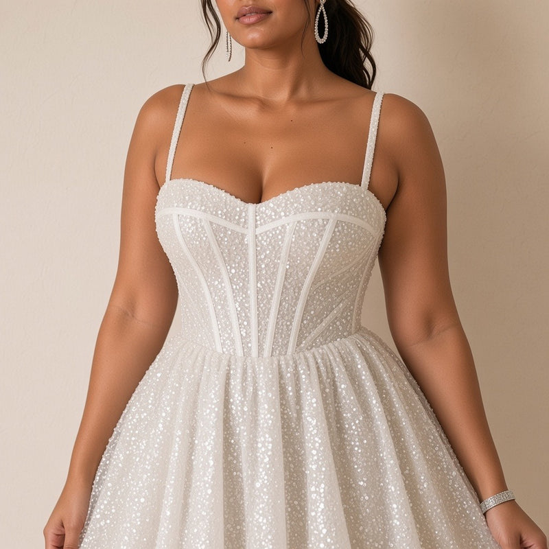 Robe de mariée courte pailletée à bustier corset, blanc, détail du bustier corset – SAKIWÉ