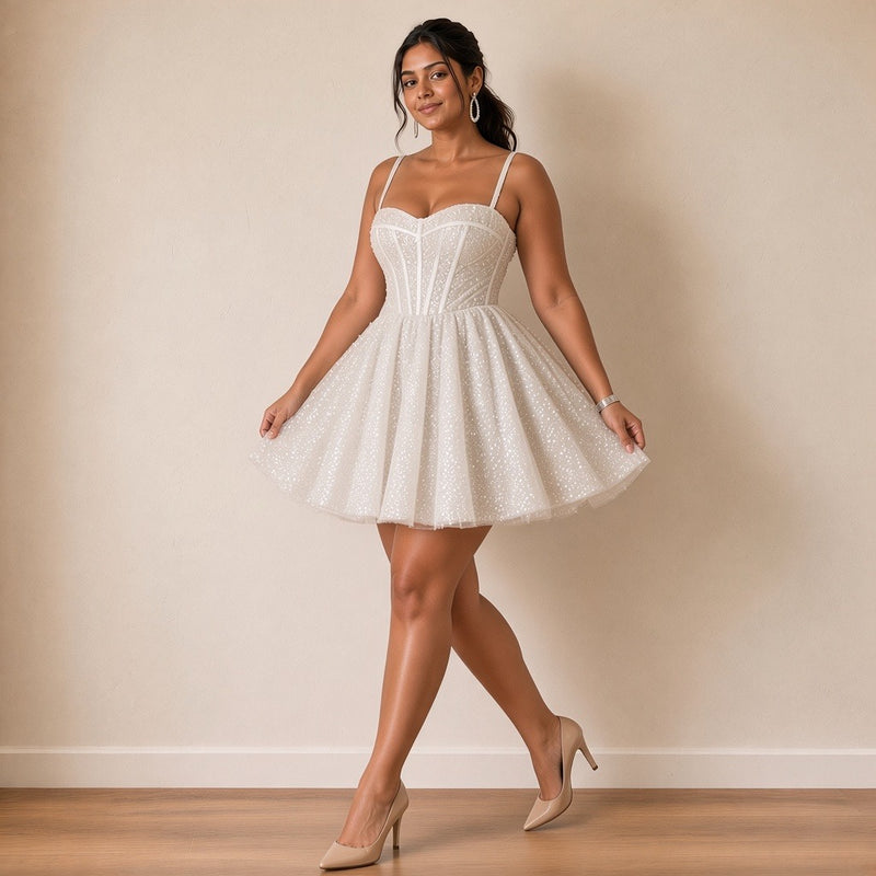 Robe de mariée courte pailletée à bustier corset, blanc, en mouvement – SAKIWÉ