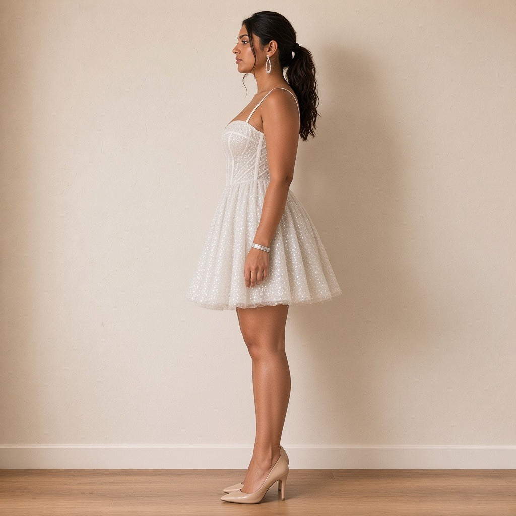 Robe de mariée courte pailletée à bustier corset, blanc, vue de profil – SAKIWÉ