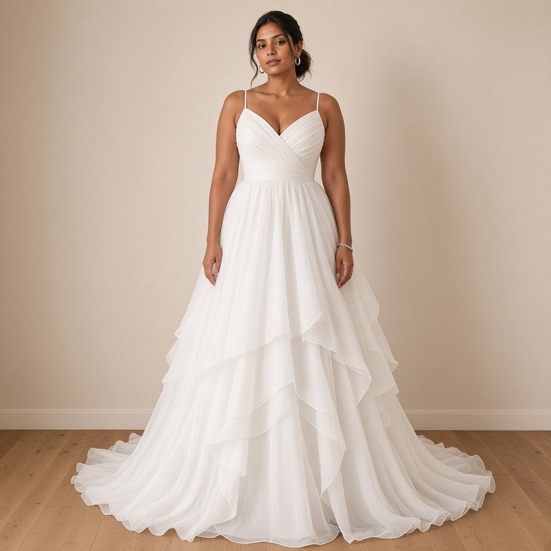 Robe de mariée longue à fines bretelles et jupe volantée, blanc, vue de face – SAKIWÉ