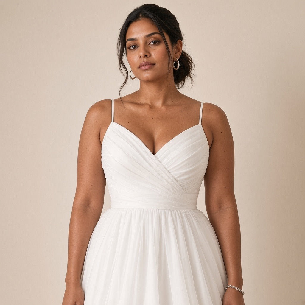 Robe de mariée longue à fines bretelles et jupe volantée, blanc, détail du buste drapé – SAKIWÉ
