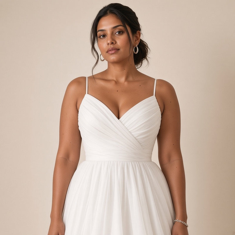 Robe de mariée longue à fines bretelles et jupe volantée, blanc, détail du buste drapé – SAKIWÉ