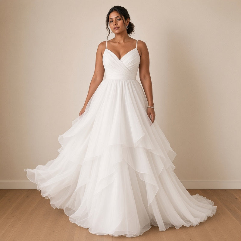 Robe de mariée longue à fines bretelles et jupe volantée, blanc, en mouvement – SAKIWÉ