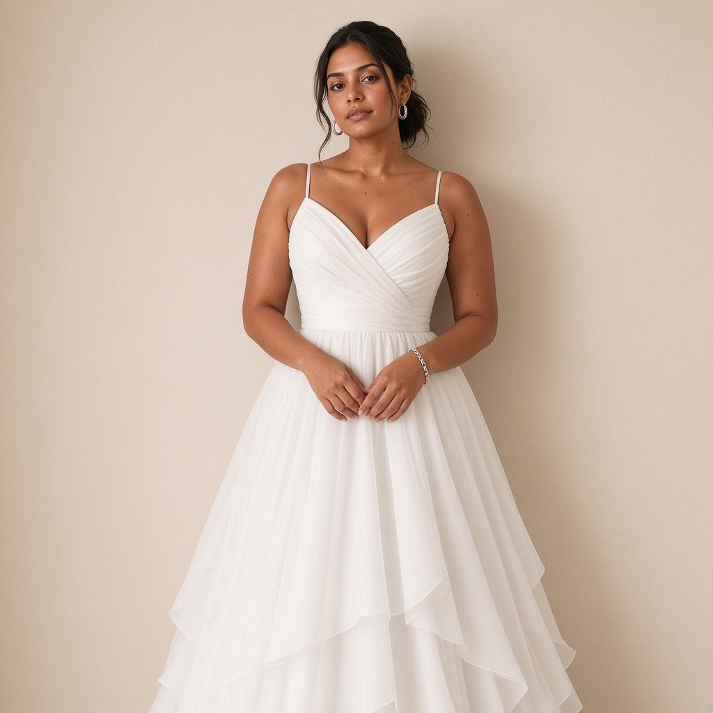 Robe de mariée longue à fines bretelles et jupe volantée, blanc, vue mi-corps – SAKIWÉ