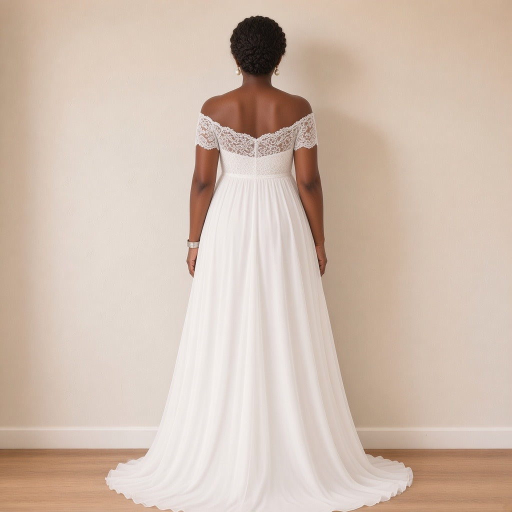 Robe de mariée de grossesse en dentelle et mousseline, blanc, vue de dos – SAKIWÉ
